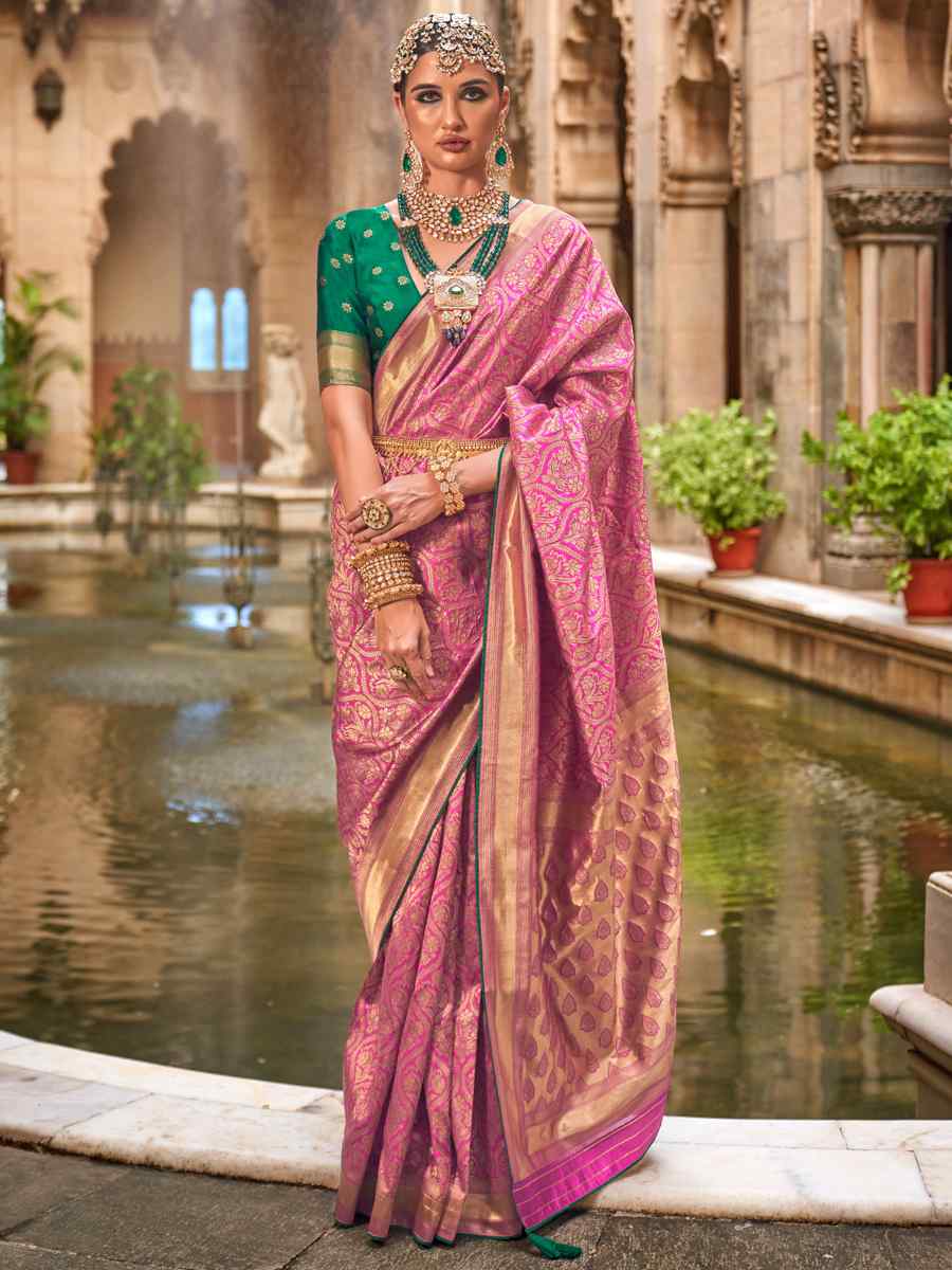 Pink Pure Silk Jacquard Handwoven Festival Wedding Heavy Border Saree