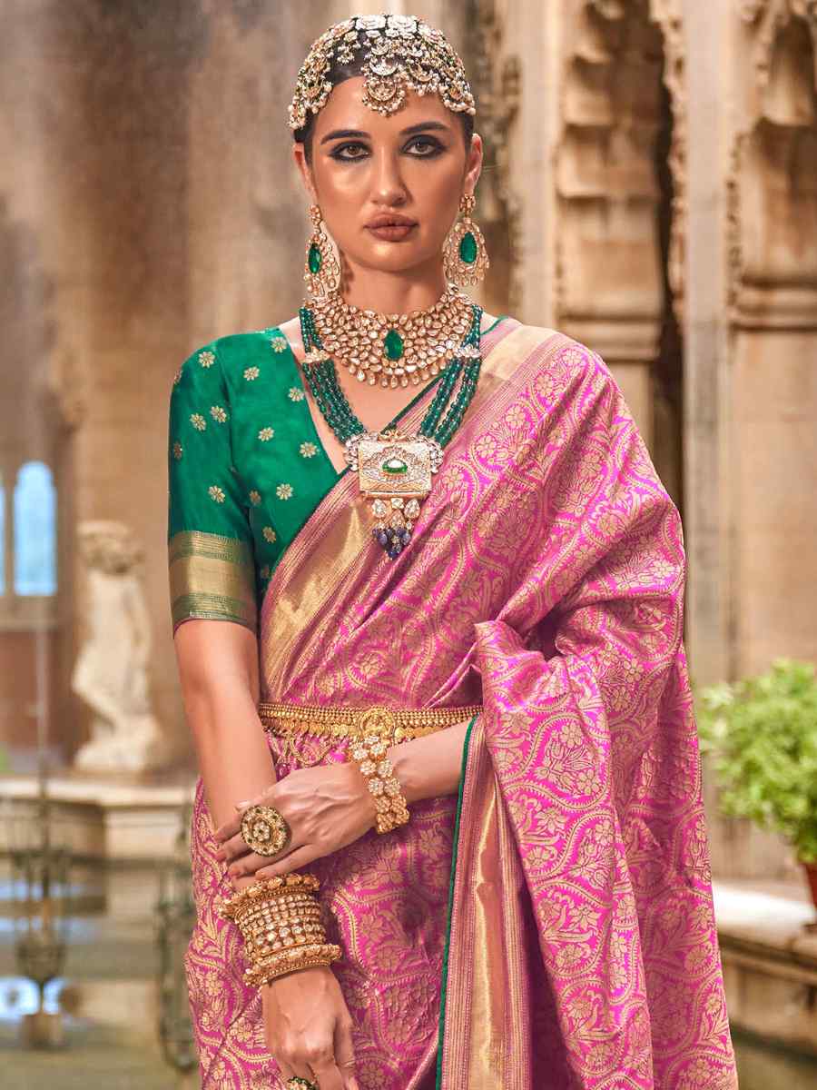 Pink Pure Silk Jacquard Handwoven Festival Wedding Heavy Border Saree