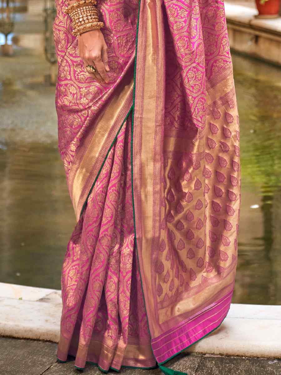 Pink Pure Silk Jacquard Handwoven Festival Wedding Heavy Border Saree