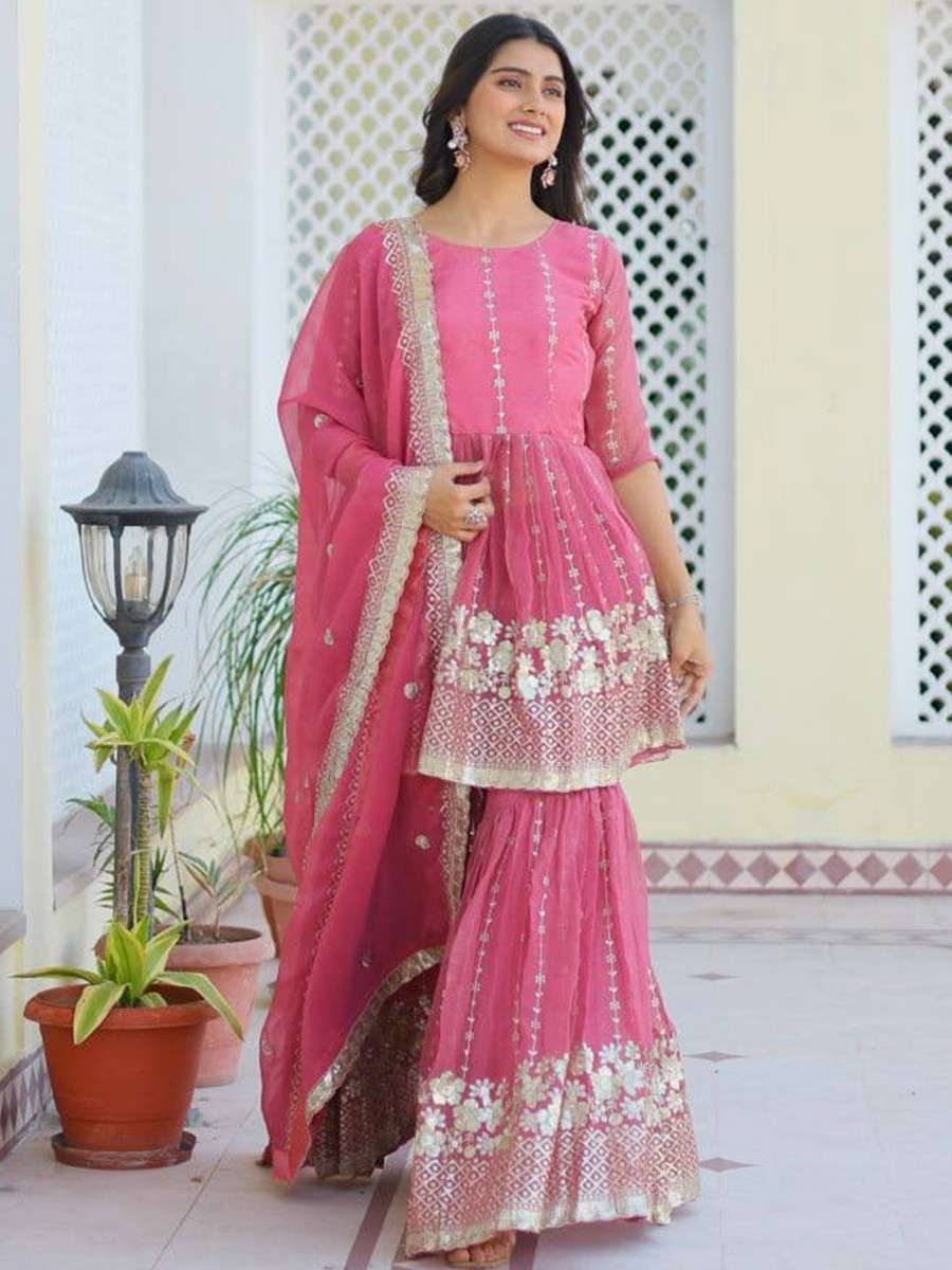 Pink Pure Simmar Embroidered Festival Wedding Sharara Pant Salwar Kameez