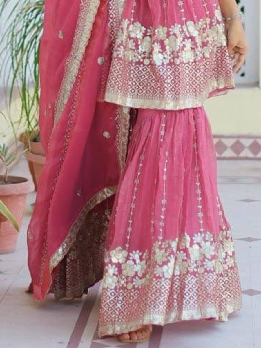 Pink Pure Simmar Embroidered Festival Wedding Sharara Pant Salwar Kameez