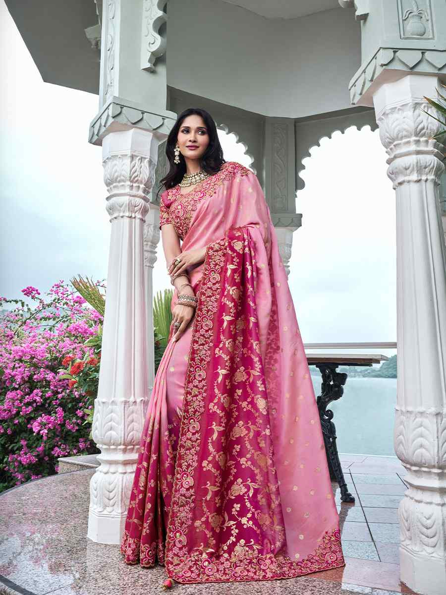 Pink Pure Tissue Silk Embroidered Reception Wedding Heavy Border Saree