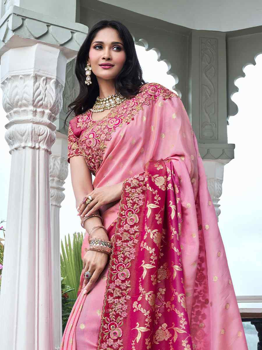 Pink Pure Tissue Silk Embroidered Reception Wedding Heavy Border Saree