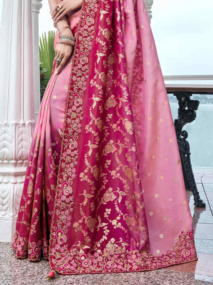 Pink Pure Tissue Silk Embroidered Reception Wedding Heavy Border Saree