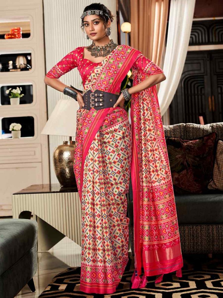 Pink Pure Tusser Patola Printed Festival Casual Contemporary Saree