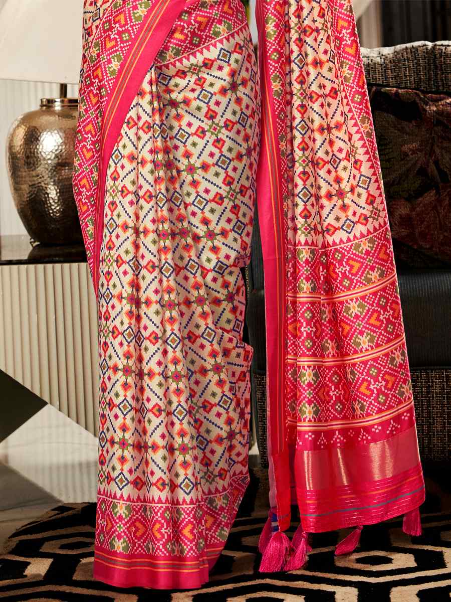 Pink Pure Tusser Patola Printed Festival Casual Contemporary Saree