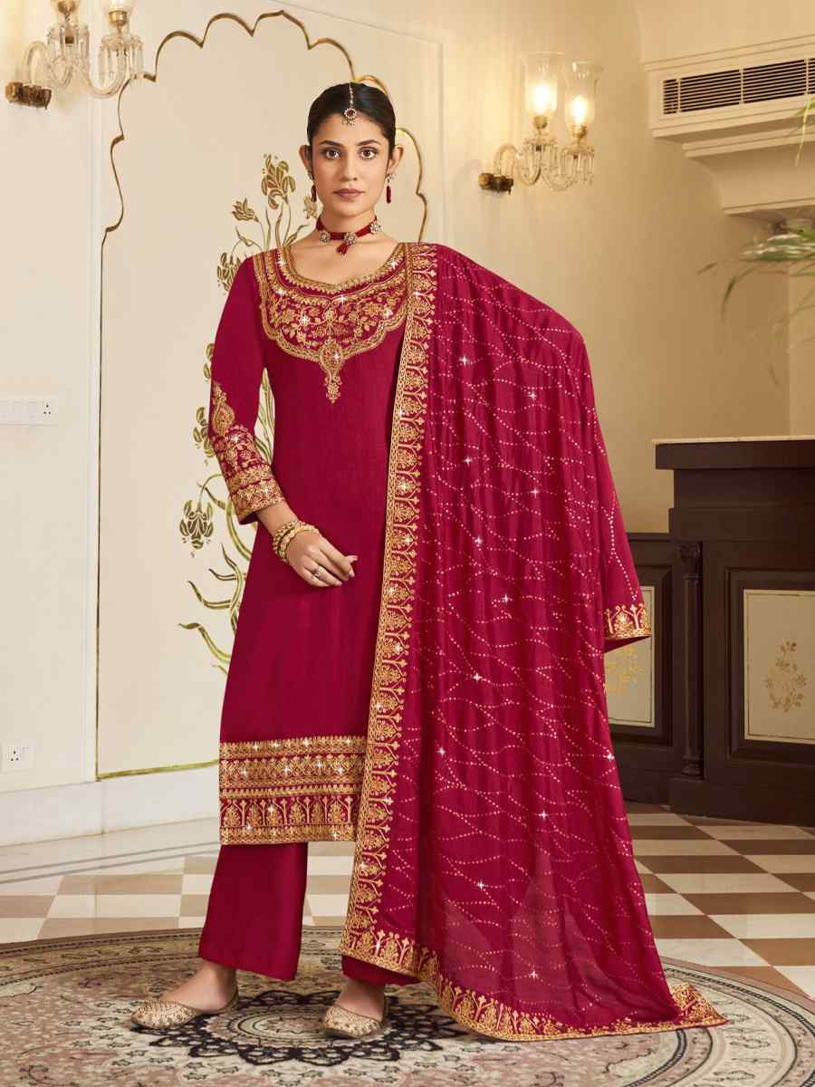 Pink Pure Vichitra Embroidered Festival Wedding Pant Salwar Kameez