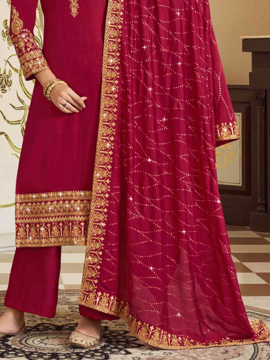 Pink Pure Vichitra Embroidered Festival Wedding Pant Salwar Kameez