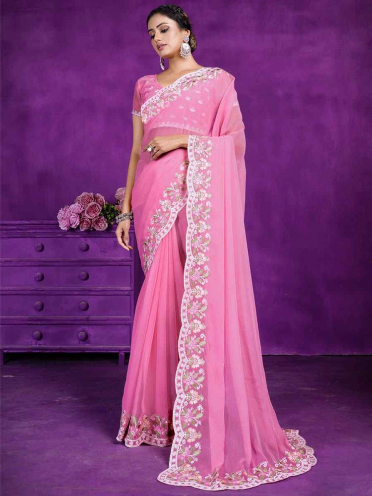 Pink Rangoli Embroidered Wedding Party Heavy Border Saree