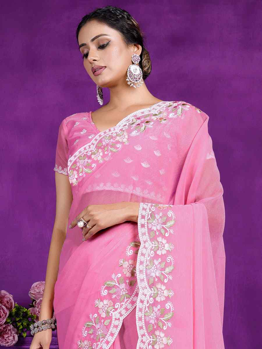 Pink Rangoli Embroidered Wedding Party Heavy Border Saree