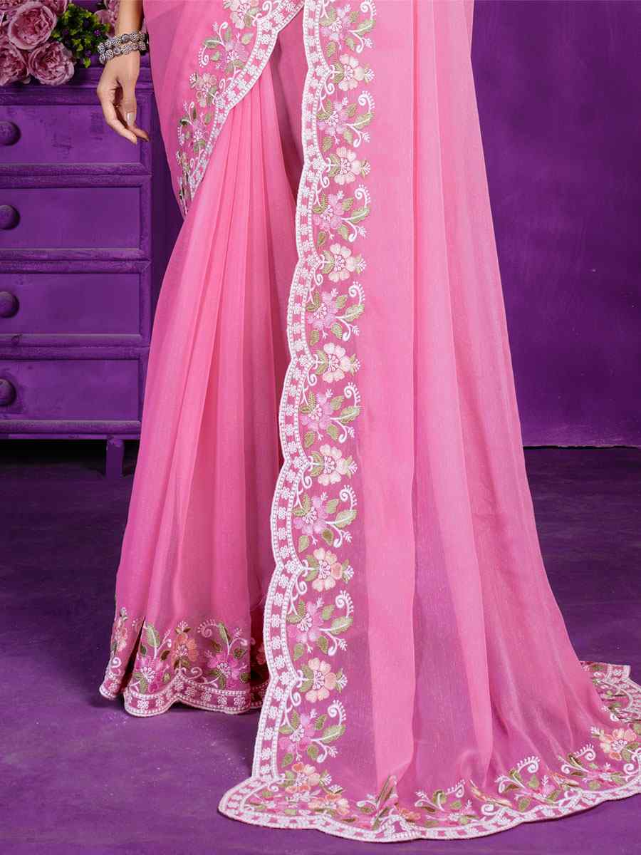 Pink Rangoli Embroidered Wedding Party Heavy Border Saree