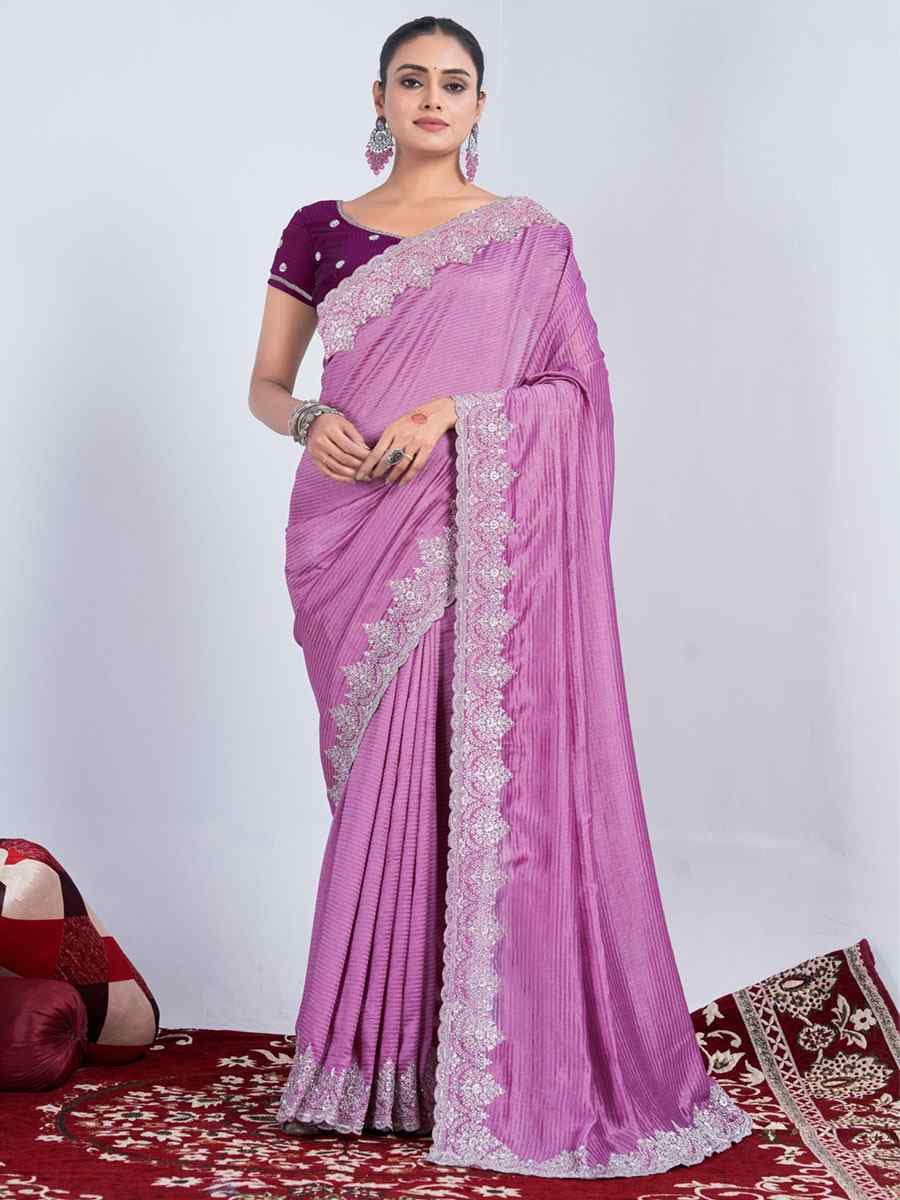 Pink Rangoli Embroidered Wedding Party Heavy Border Saree