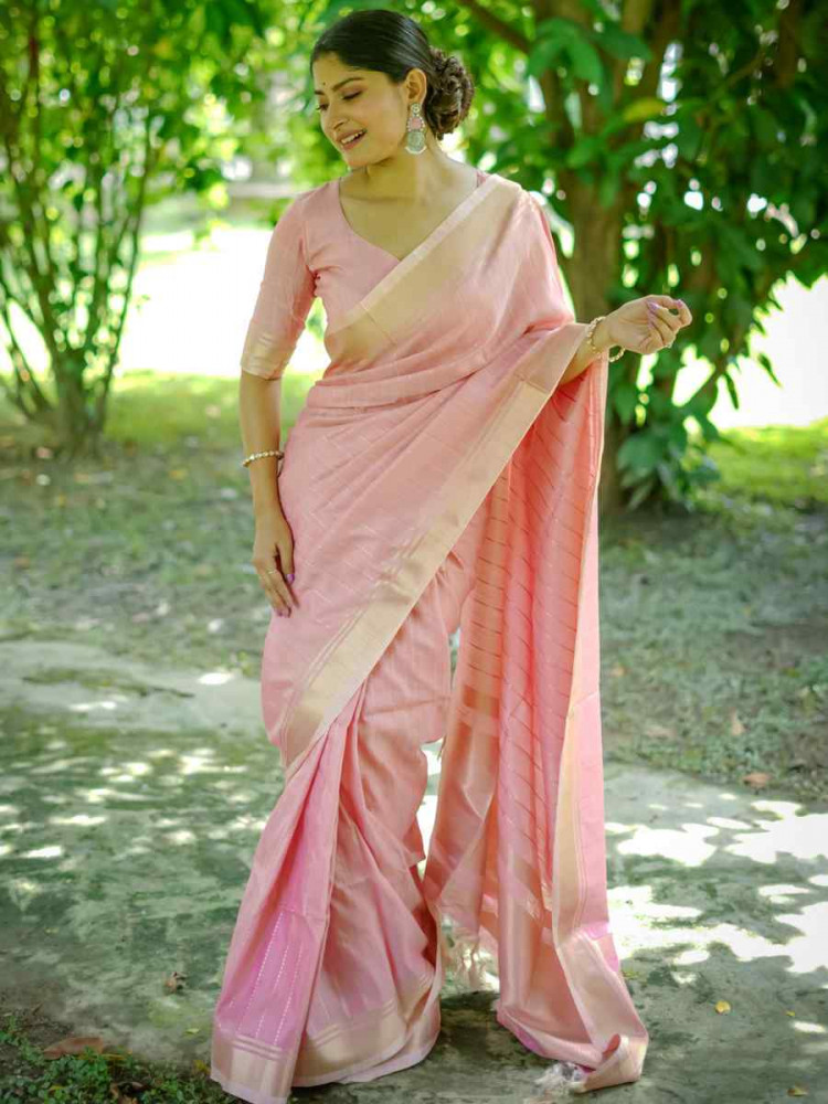 Pink Raw Silk Handwoven Festival Wedding Heavy Border Saree