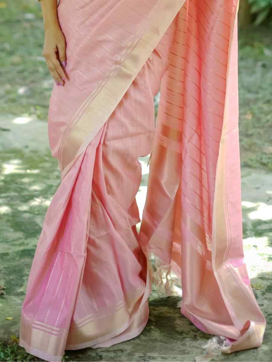 Pink Raw Silk Handwoven Festival Wedding Heavy Border Saree