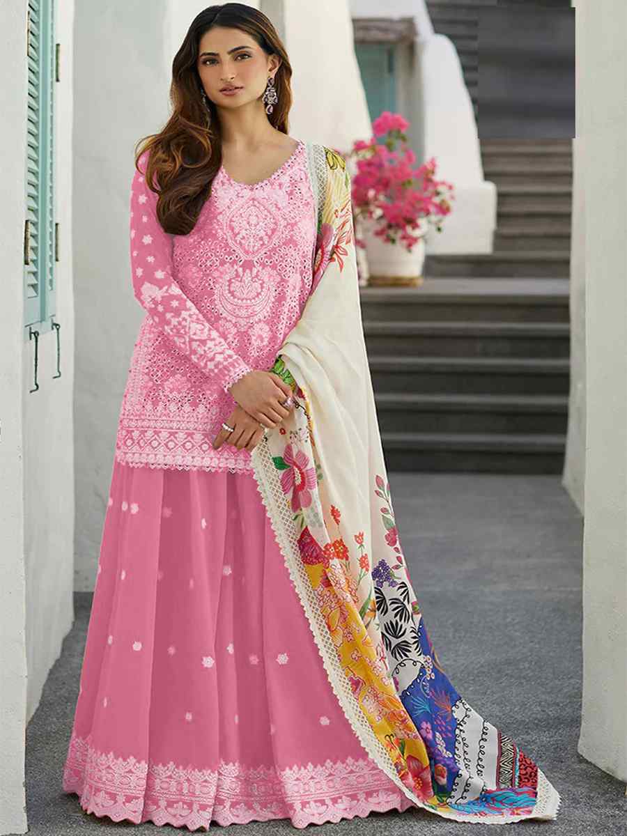 Pink Rayon Cotton Embroidered Festival Casual Sharara Pant Salwar Kameez