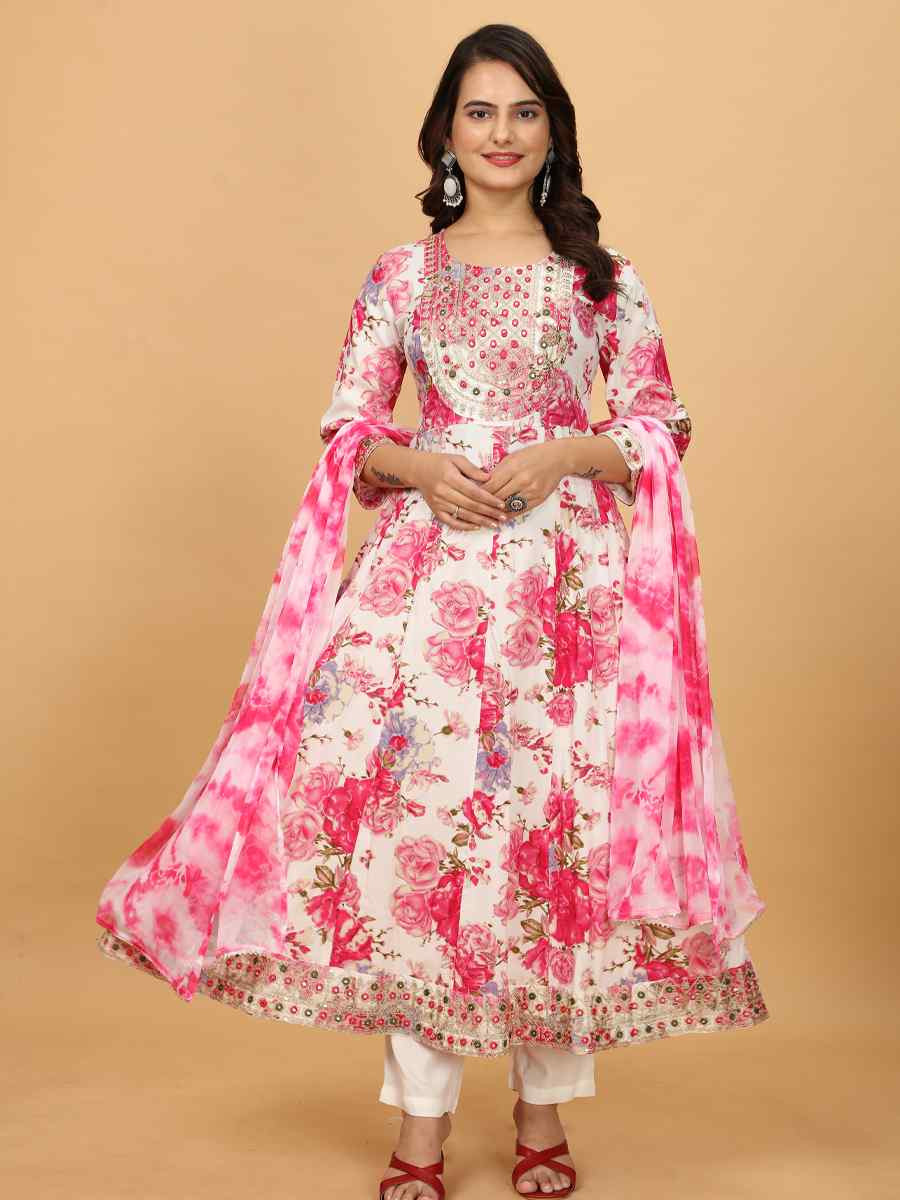 Pink Rayon Cotton Embroidered Festival Mehendi Ready Anarkali Salwar Kameez