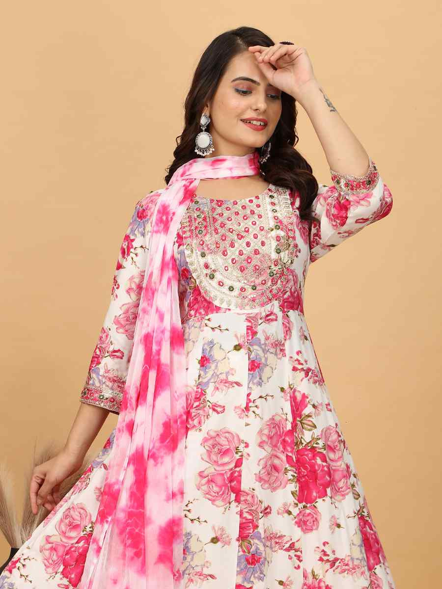 Pink Rayon Cotton Embroidered Festival Mehendi Ready Anarkali Salwar Kameez