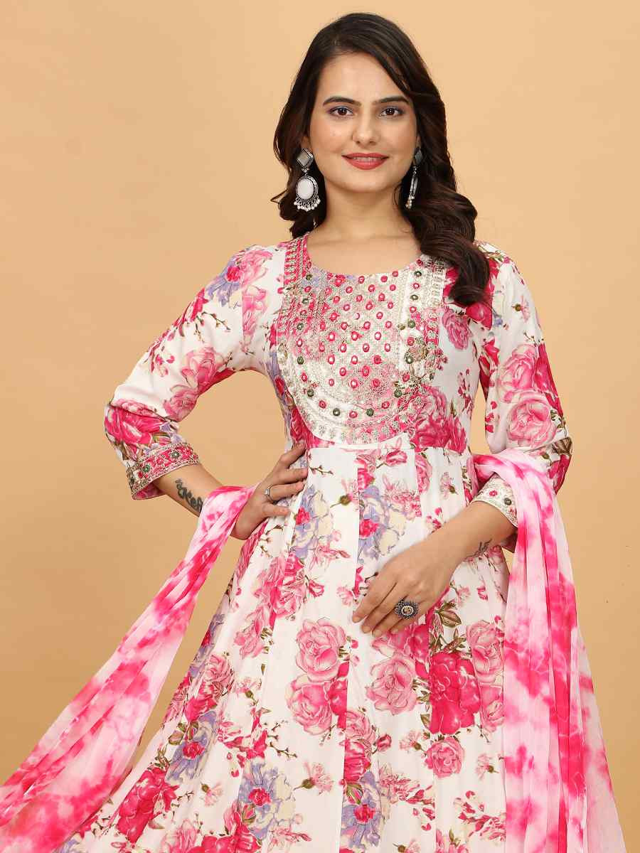 Pink Rayon Cotton Embroidered Festival Mehendi Ready Anarkali Salwar Kameez