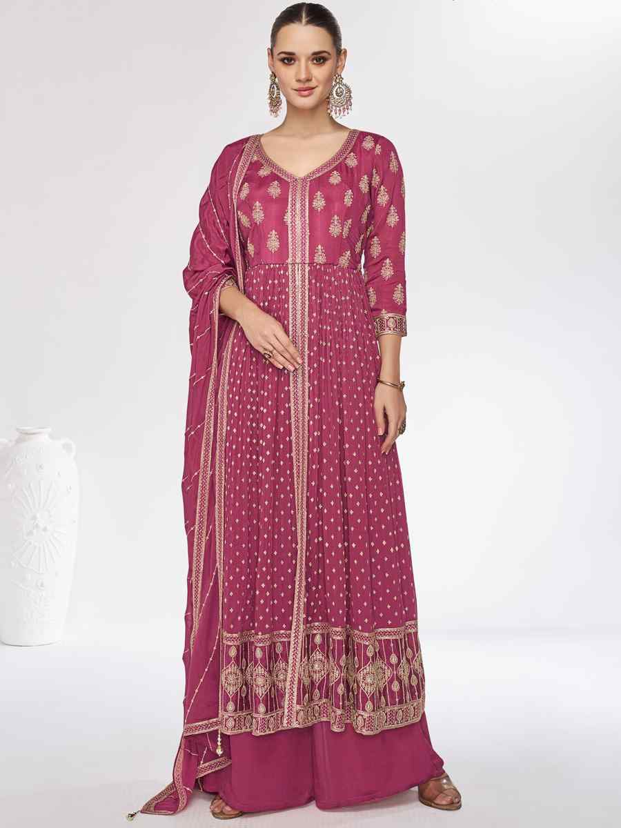 Pink Real Chinon Embroidered Festival Wedding Anarkali Salwar Kameez