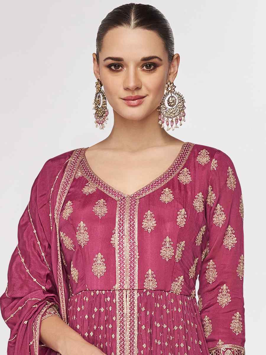 Pink Real Chinon Embroidered Festival Wedding Anarkali Salwar Kameez