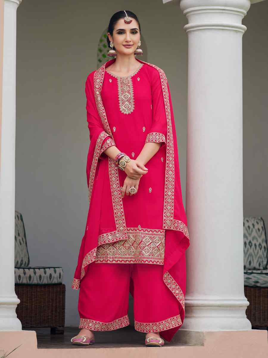 Pink Real Georgette Embroidered Festival Wedding Palazzo Pant Salwar Kameez