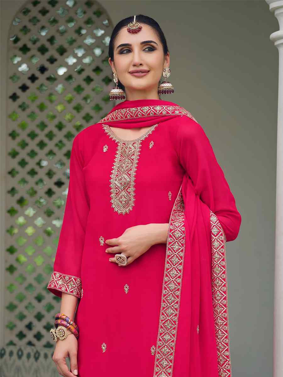 Pink Real Georgette Embroidered Festival Wedding Palazzo Pant Salwar Kameez