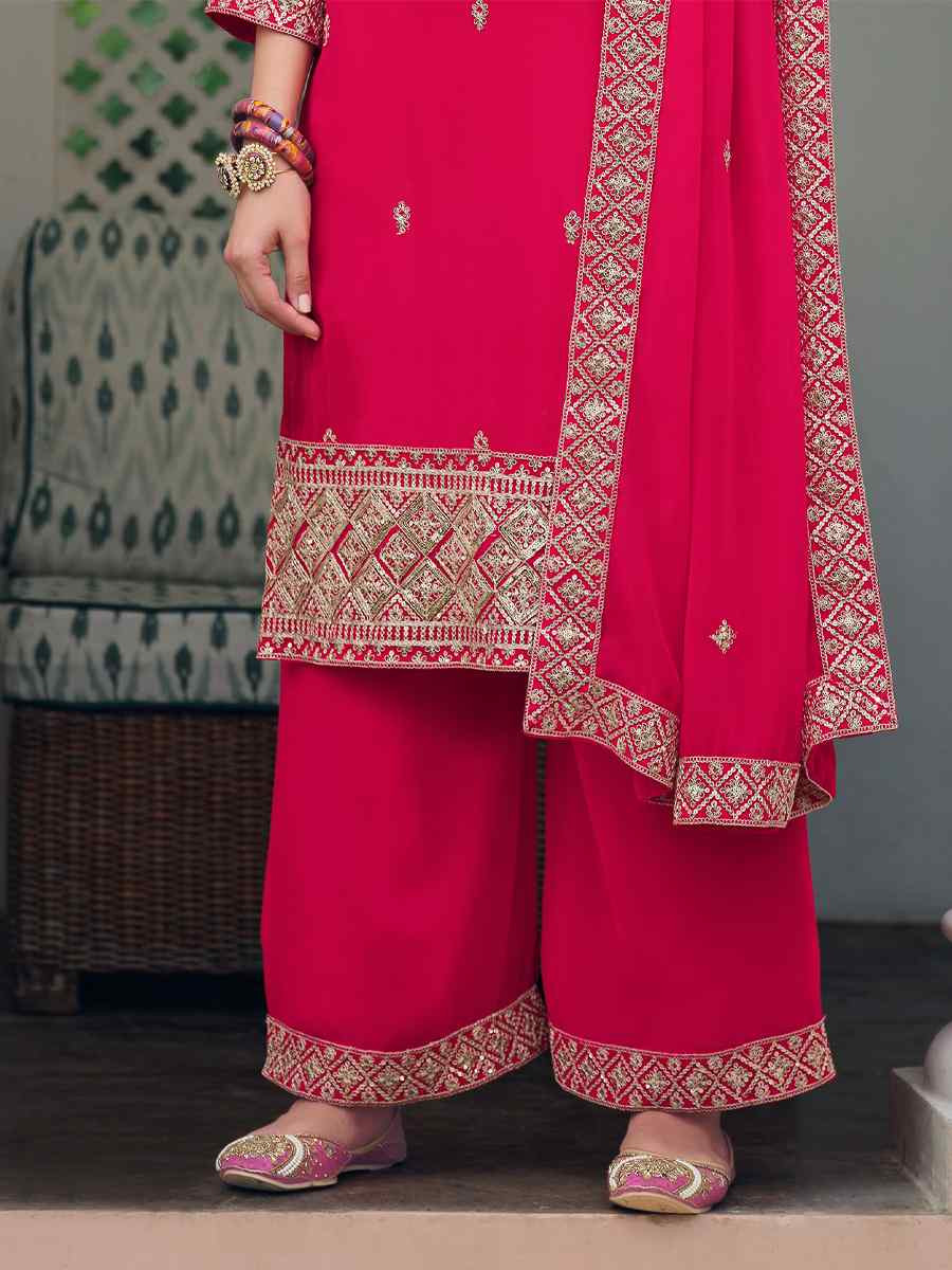 Pink Real Georgette Embroidered Festival Wedding Palazzo Pant Salwar Kameez