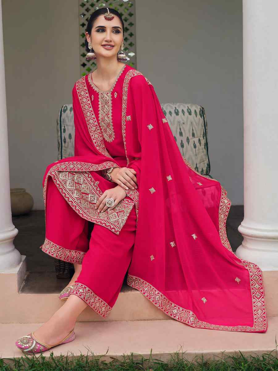 Pink Real Georgette Embroidered Festival Wedding Palazzo Pant Salwar Kameez