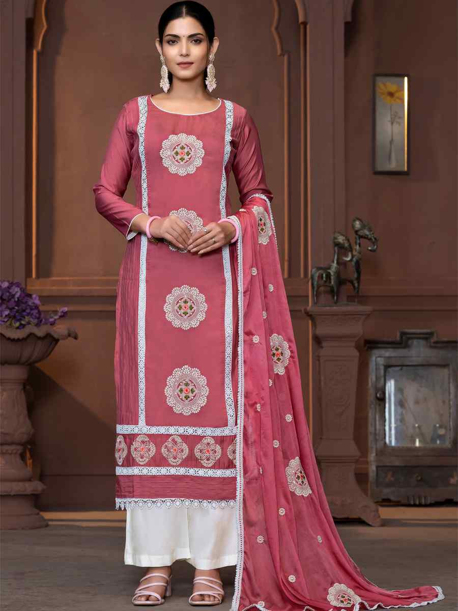 Pink Roman Silk Embroidered Casual Festival Pant Salwar Kameez