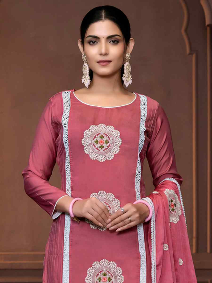 Pink Roman Silk Embroidered Casual Festival Pant Salwar Kameez