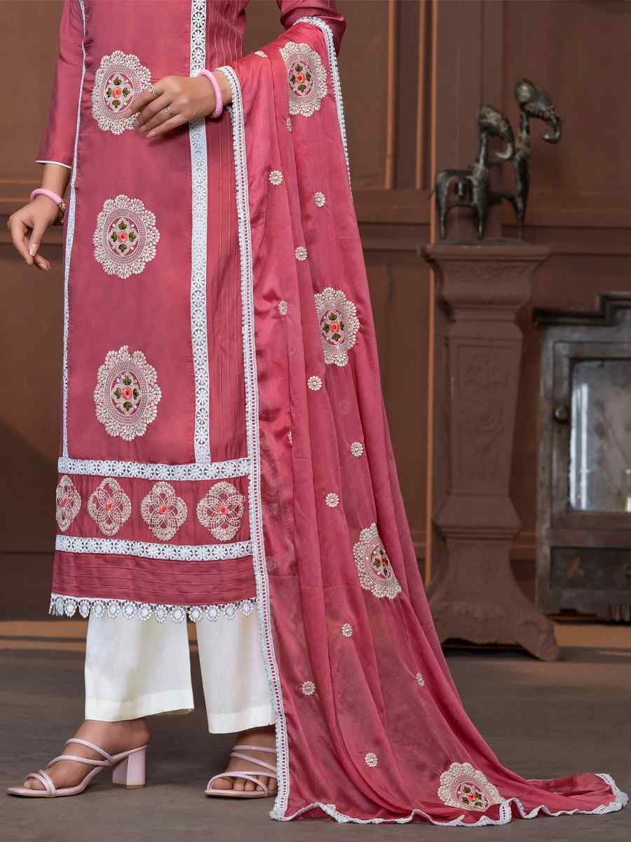 Pink Roman Silk Embroidered Casual Festival Pant Salwar Kameez