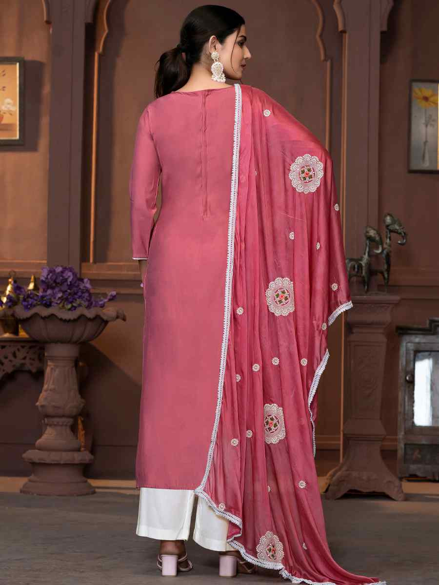 Pink Roman Silk Embroidered Casual Festival Pant Salwar Kameez