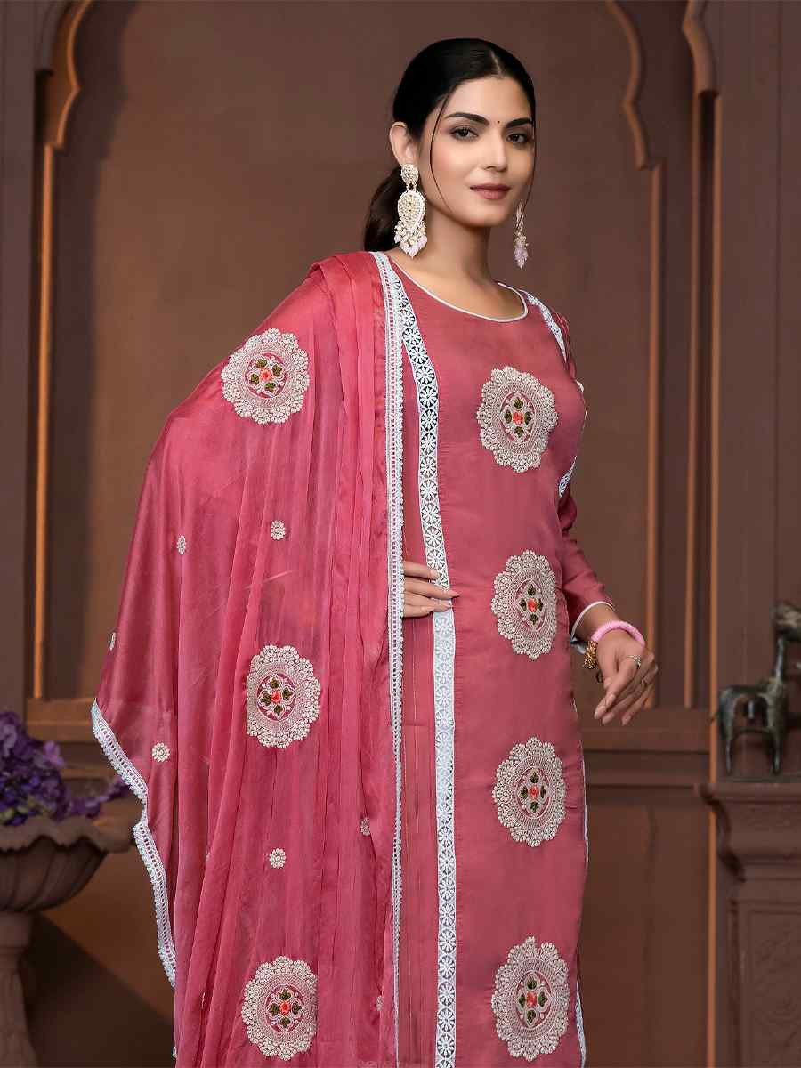 Pink Roman Silk Embroidered Casual Festival Pant Salwar Kameez