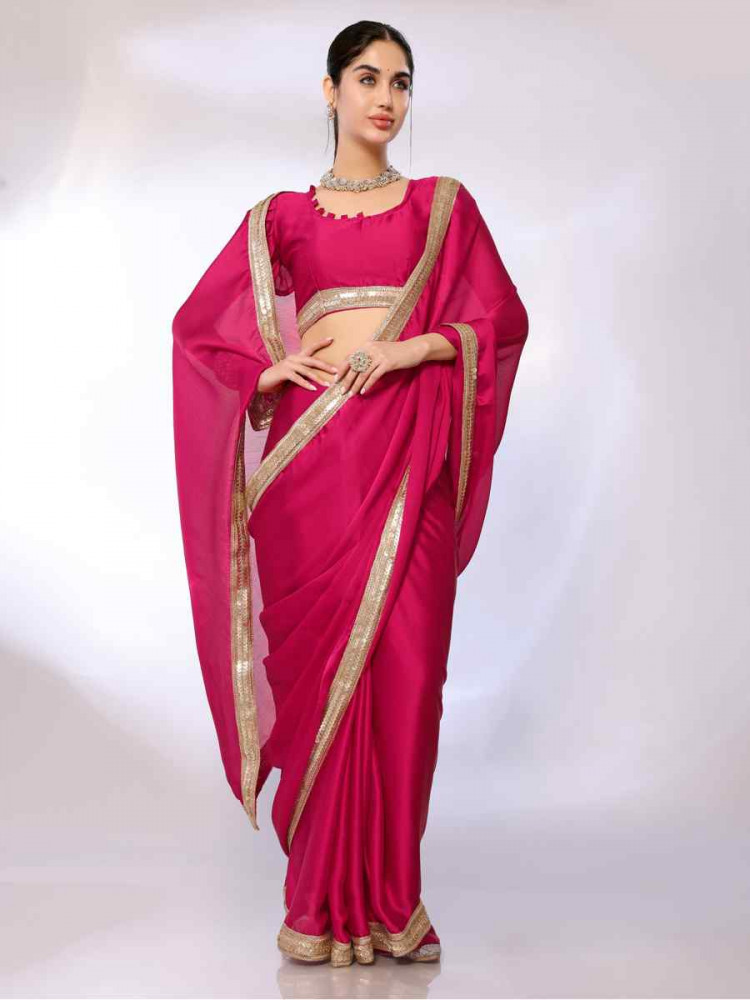 Pink Satin, Chiffon Solid Festival Casual Classic Style Saree