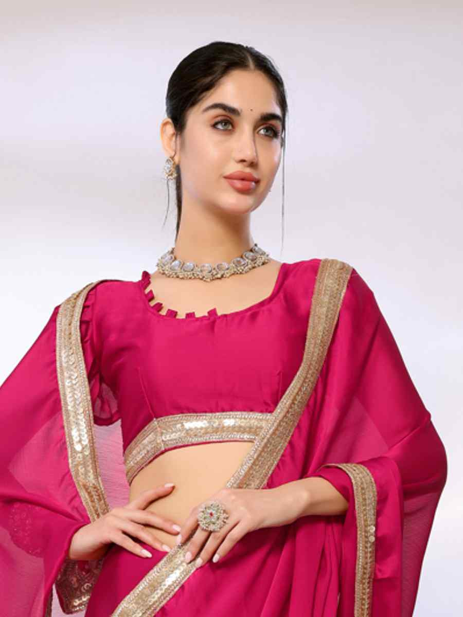 Pink Satin, Chiffon Solid Festival Casual Classic Style Saree