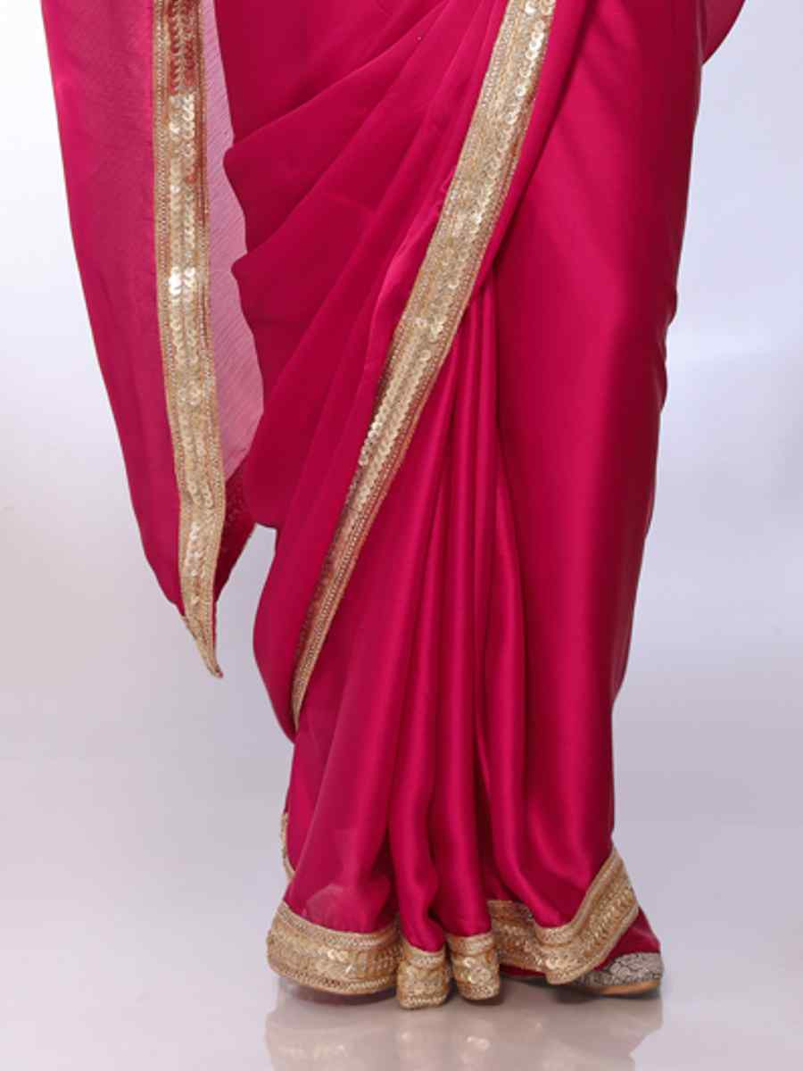 Pink Satin, Chiffon Solid Festival Casual Classic Style Saree