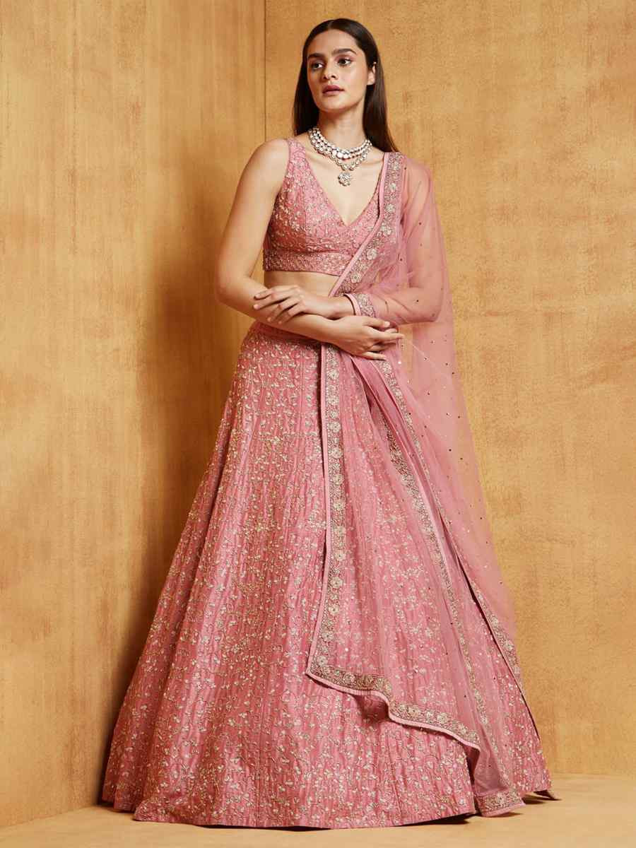 Pink Satin Embroidered Wedding Festival Heavy Border Lehenga Choli