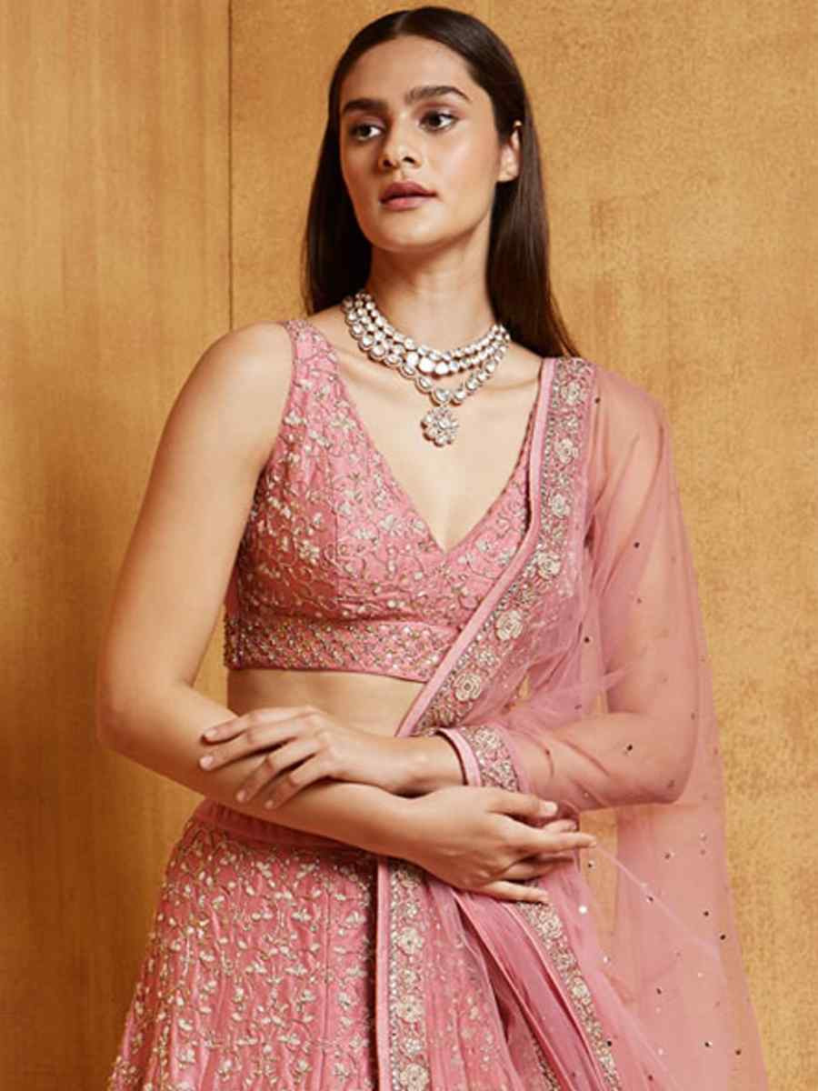 Pink Satin Embroidered Wedding Festival Heavy Border Lehenga Choli