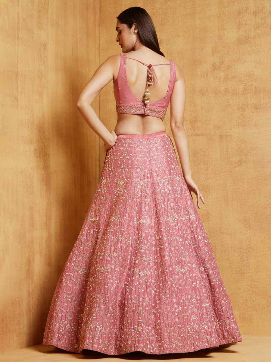 Pink Satin Embroidered Wedding Festival Heavy Border Lehenga Choli