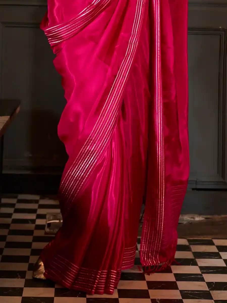 Pink Satin Handwoven Festival Wedding Heavy Border Saree