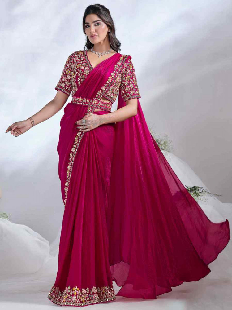 Pink Satin Silk Embroidered Reception Wedding Heavy Border Saree