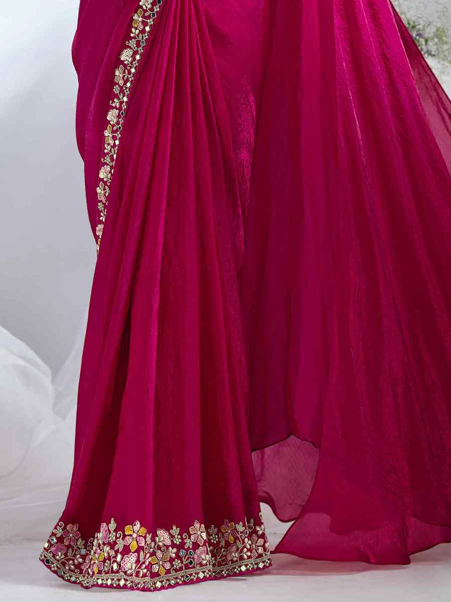 Pink Satin Silk Embroidered Reception Wedding Heavy Border Saree