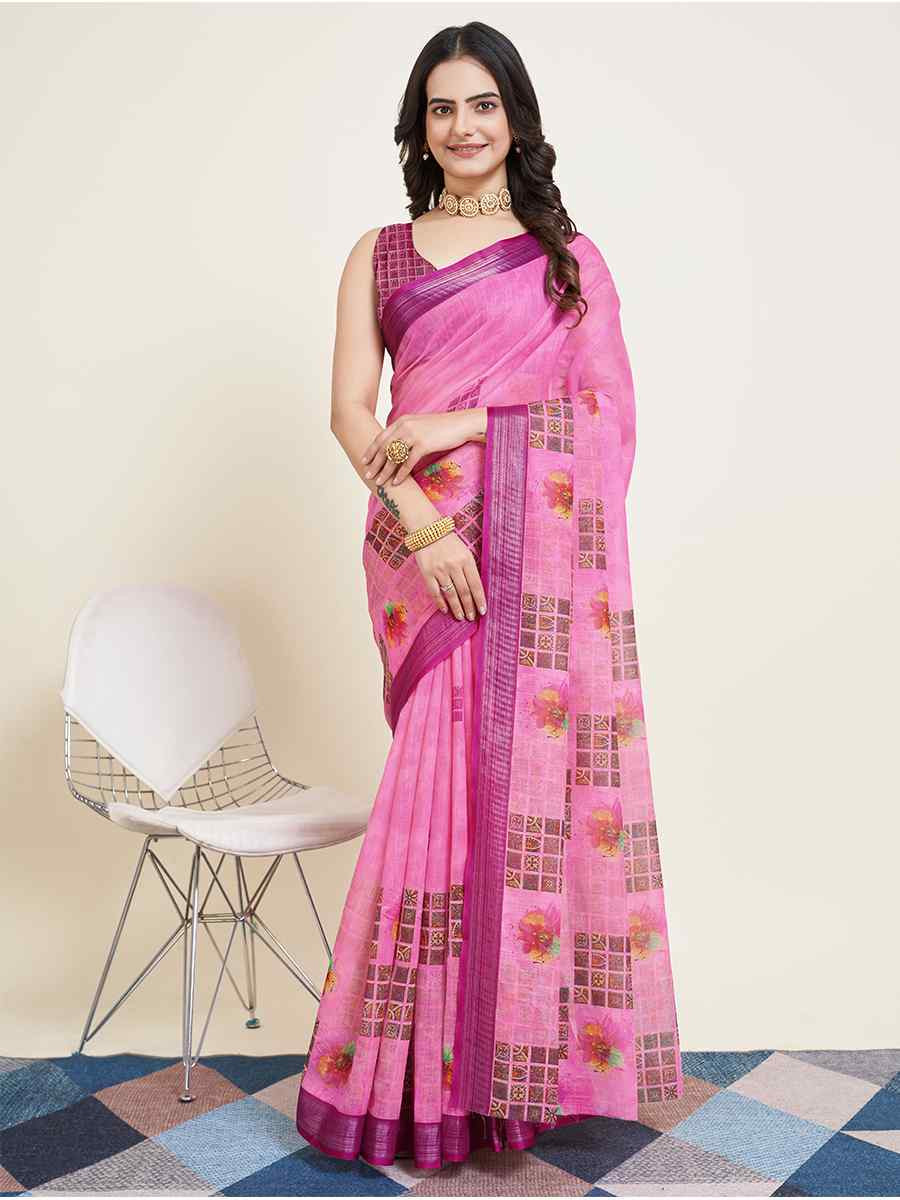 Pink Semi Cotton Printed Festival Casual Contemporary Saree