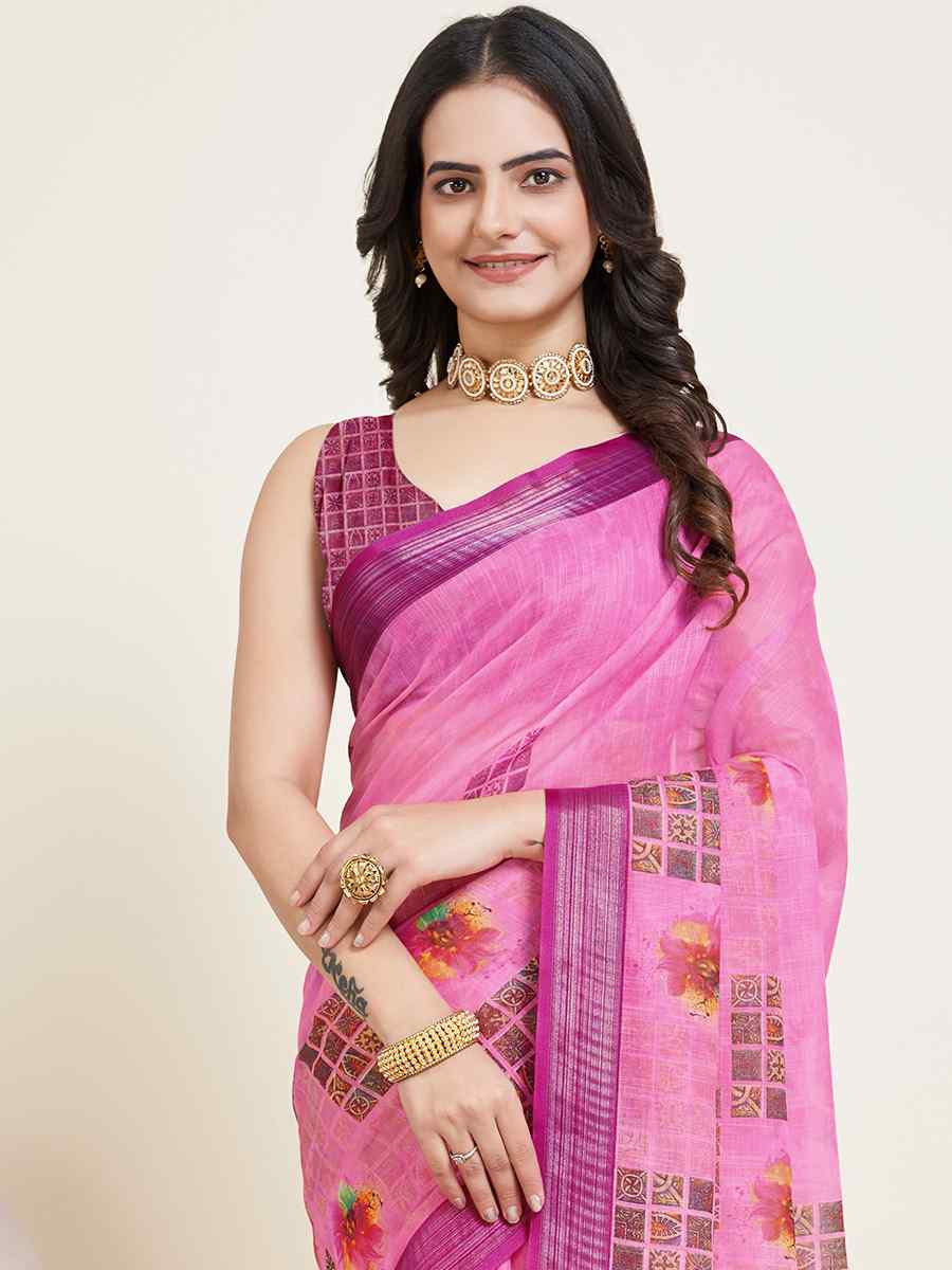 Pink Semi Cotton Printed Festival Casual Contemporary Saree