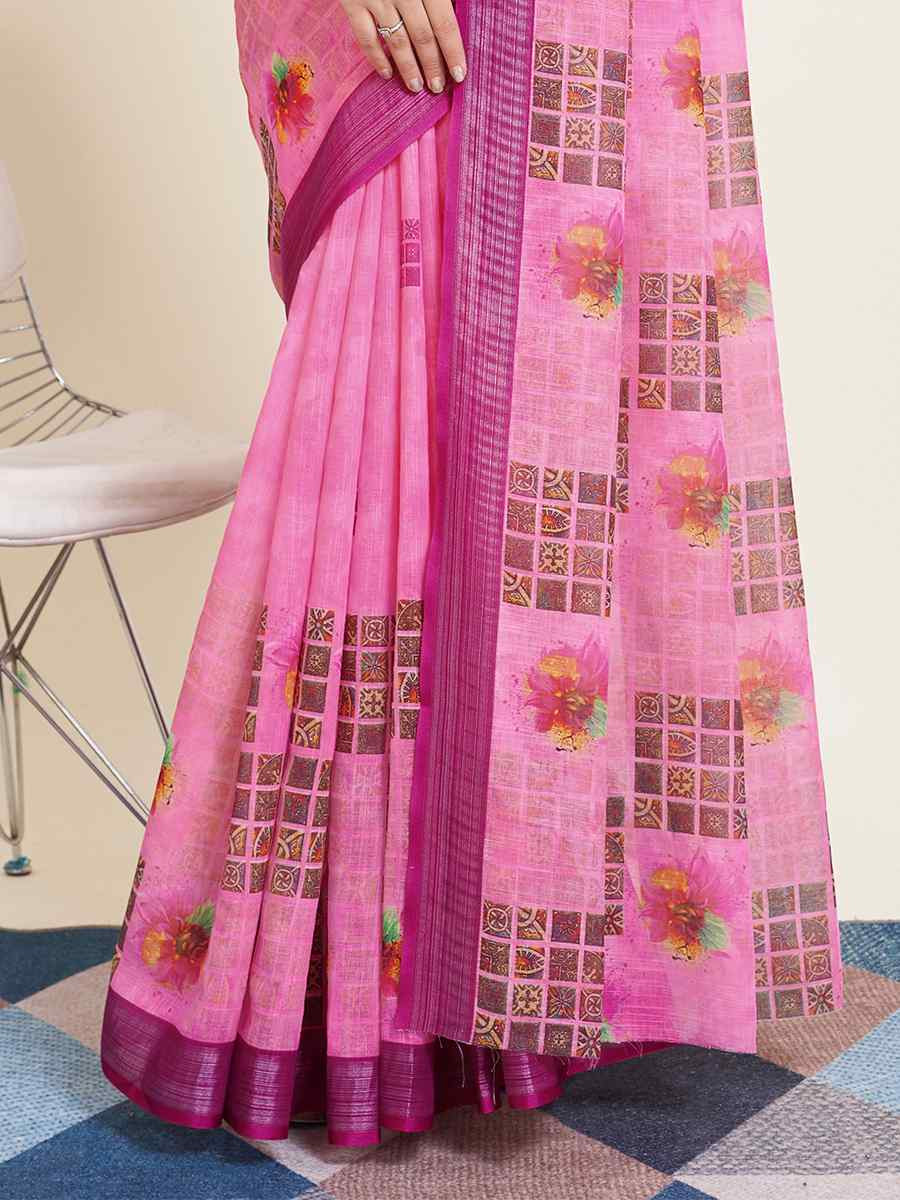 Pink Semi Cotton Printed Festival Casual Contemporary Saree