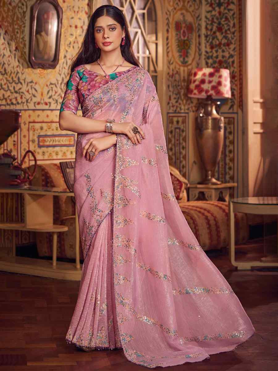 Pink Shimmer Chiffon Handwoven Festival Wedding Heavy Border Saree