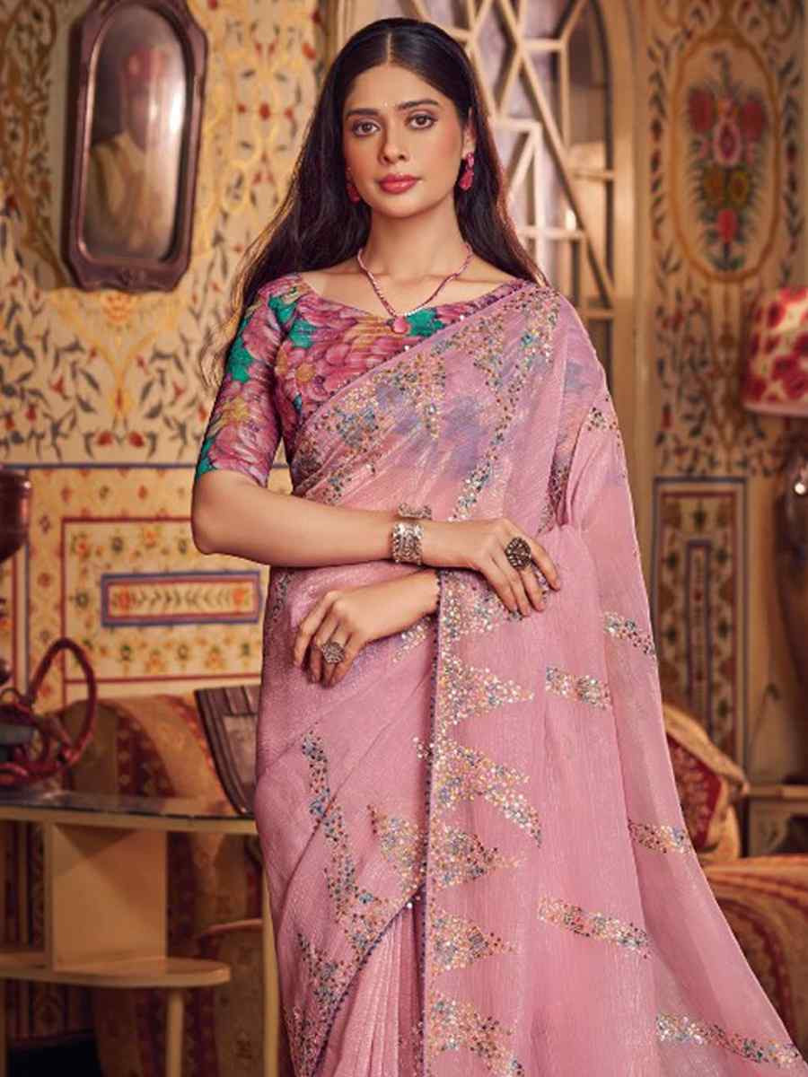 Pink Shimmer Chiffon Handwoven Festival Wedding Heavy Border Saree