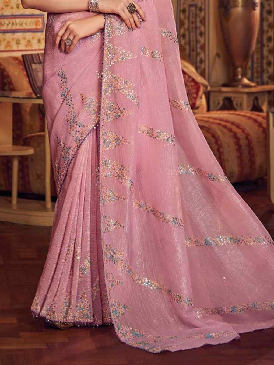 Pink Shimmer Chiffon Handwoven Festival Wedding Heavy Border Saree