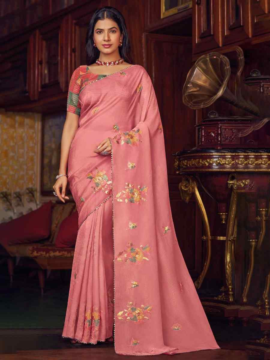 Pink Shimmer Chiffon Handwoven Festival Wedding Heavy Border Saree