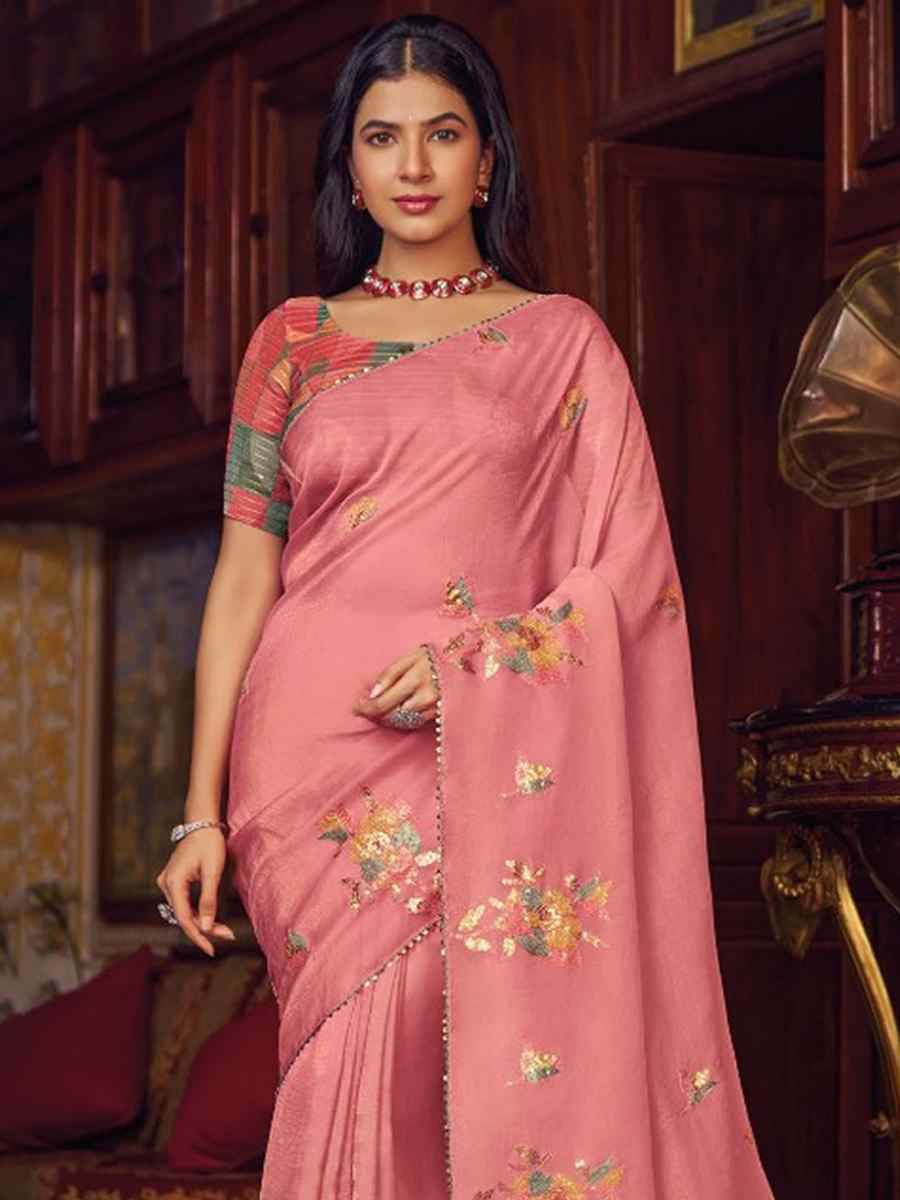 Pink Shimmer Chiffon Handwoven Festival Wedding Heavy Border Saree